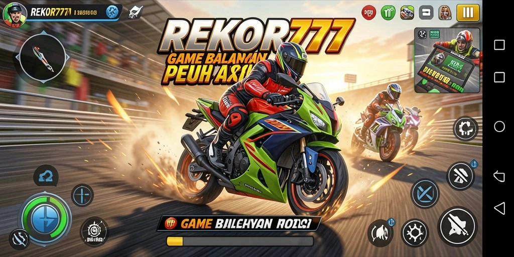 Screenshot dari gameplay REKOR777 yang menampilkan balapan motor menegangkan.